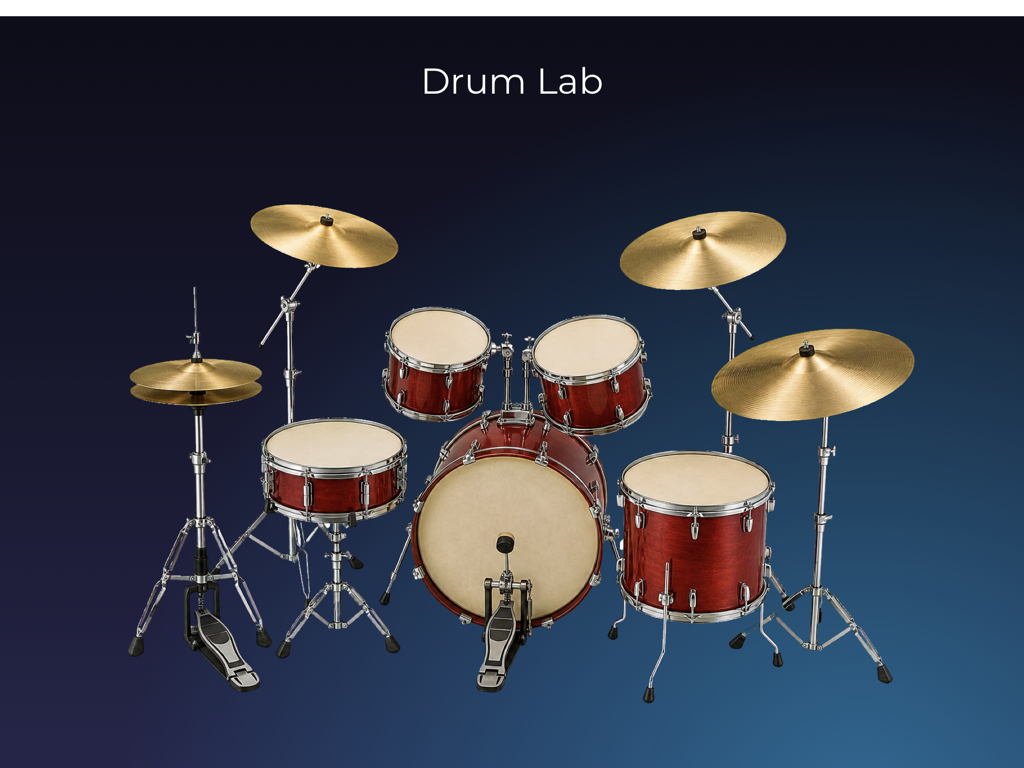 Drum Lab: a complete nine-sound drum kit arranged on a dark blue Canvas.